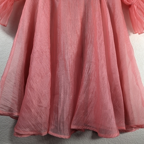 Buddy Love Coral Sheer Baby Doll Flirty Puff Sleeve Mini Fairycore Dress Size S - Picture 7 of 9